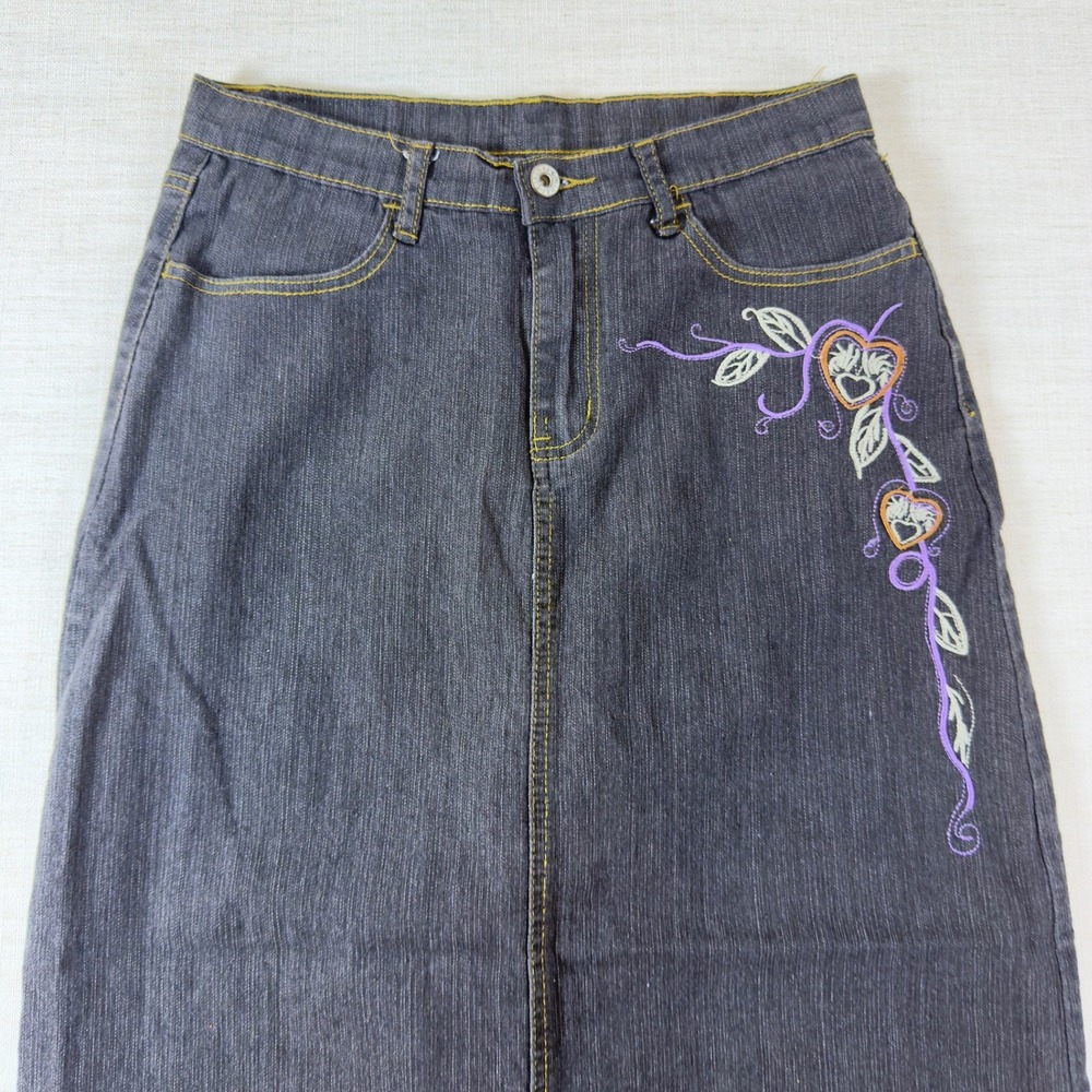 Be-Girl Basic Denim Maxi Skirt Womens M 7/8 Dark Wash Embroidered Heart Floral - Picture 3 of 13